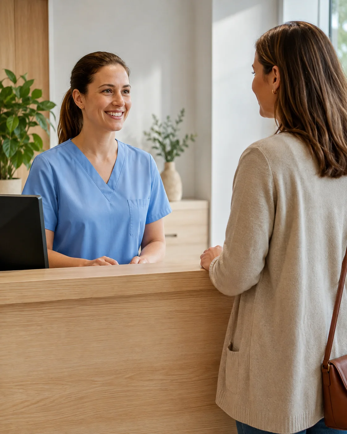 Receptionist welcoming a patient at the clinic